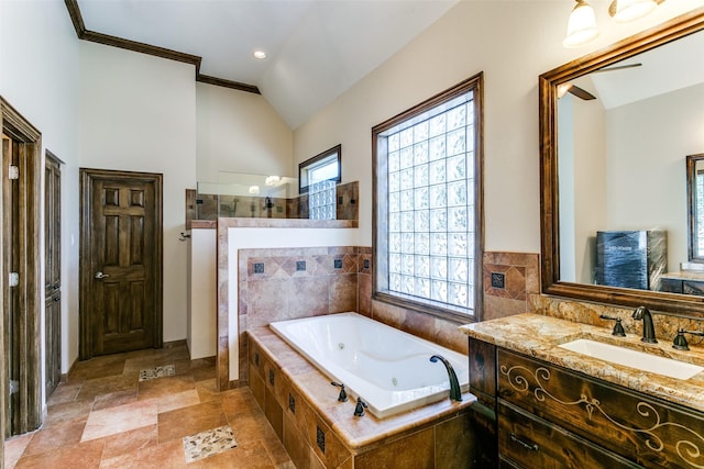 full bathroom featuring vaulted ceiling, crown molding, vanity, a walk in shower, and a bath