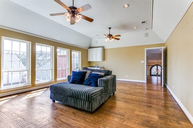 living room with visible vents, baseboards, lofted ceiling, dark wood-style floors, and recessed lighting