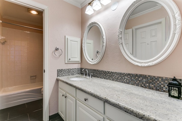 bathroom featuring tile patterned flooring, shower / tub combination, vanity, ornamental molding, and decorative backsplash