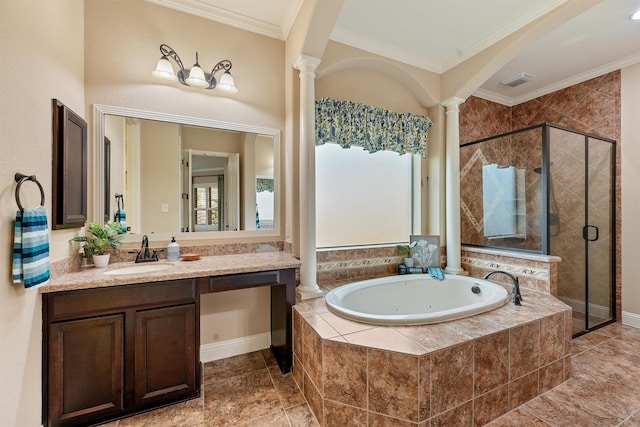 full bath featuring ornamental molding, visible vents, decorative columns, and a shower stall