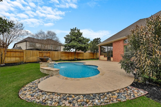 view of swimming pool with a fenced in pool, a patio area, a fenced backyard, and a yard