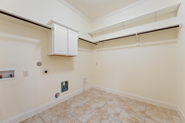 washroom with washer hookup, hookup for a gas dryer, cabinet space, ornamental molding, and hookup for an electric dryer