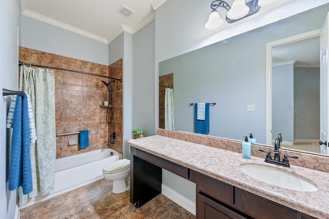 full bath with visible vents, toilet, shower / bath combo with shower curtain, crown molding, and vanity