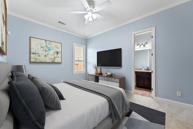 bedroom with carpet floors, visible vents, and ornamental molding