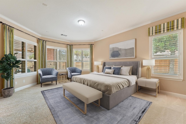 bedroom with light carpet, ornamental molding, visible vents, and baseboards