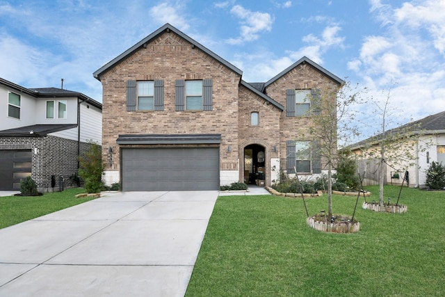 traditional-style home with driveway, an attached garage, a front lawn, and brick siding