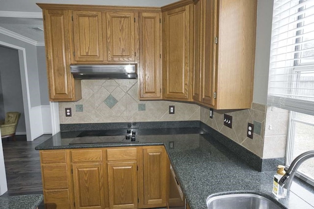 57 Sunrose Ct, Lake Jackson, TX 77566 - kitchen with exhaust hood, brown cabinetry, ornamental molding, a sink, and black electric cooktop