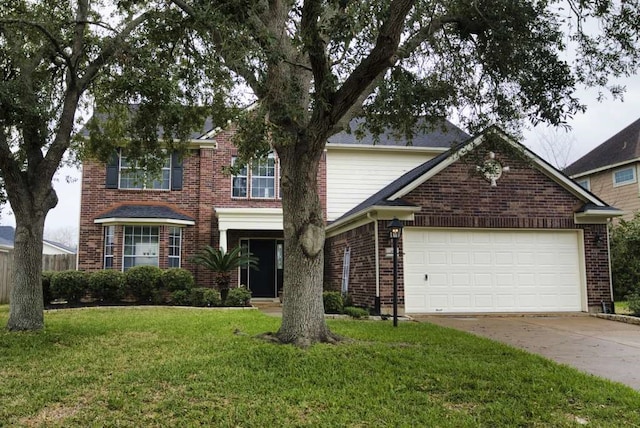 traditional home featuring concrete driveway, brick siding, an attached garage, and a front lawn