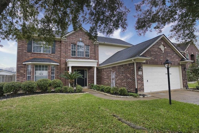 traditional home with a garage, driveway, brick siding, and a front lawn