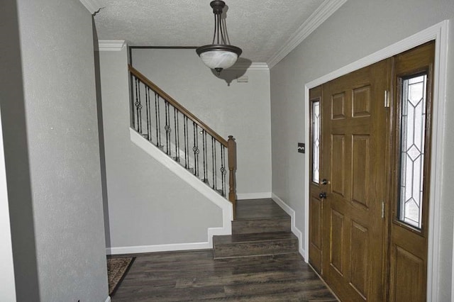 57 Sunrose Ct, Lake Jackson, TX 77566 - foyer with a textured ceiling, baseboards, dark wood finished floors, and crown molding