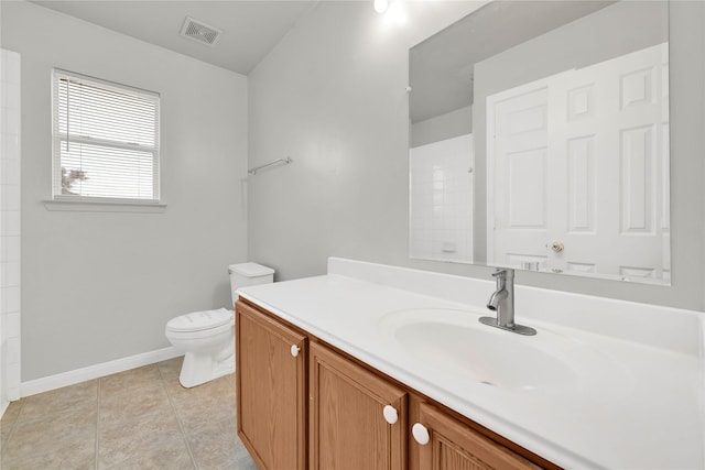 full bathroom with tile patterned flooring, toilet, vanity, visible vents, and baseboards