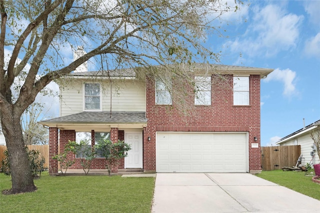 traditional-style home with driveway, an attached garage, fence, and brick siding