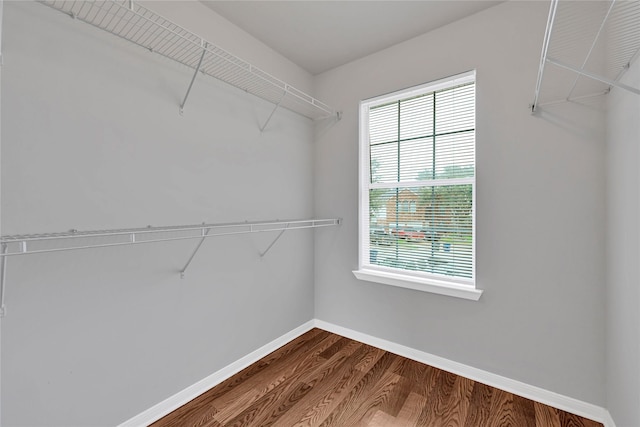 walk in closet with wood finished floors