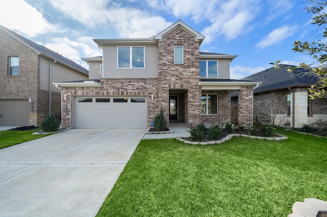 traditional home with concrete driveway, brick siding, a front lawn, and stucco siding