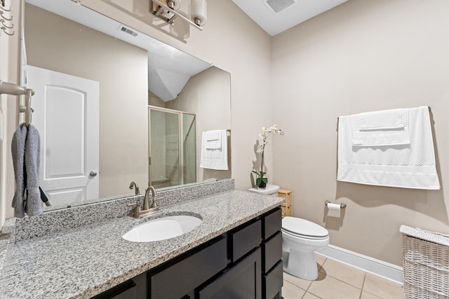 bathroom with tile patterned flooring, vanity, visible vents, baseboards, and a stall shower