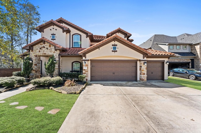 view of front of house featuring a garage, stone siding, concrete driveway, and stucco siding