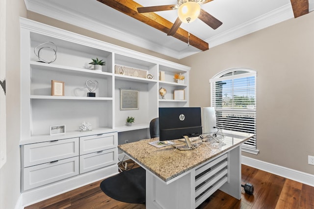 office area with baseboards, a ceiling fan, ornamental molding, dark wood-type flooring, and beam ceiling