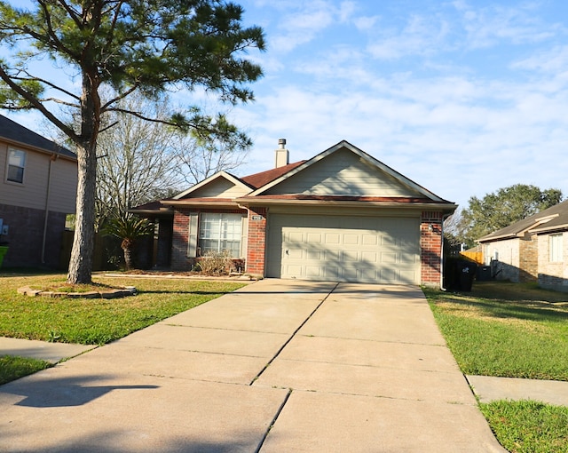 ranch-style house with a garage, brick siding, concrete driveway, a front lawn, and a chimney