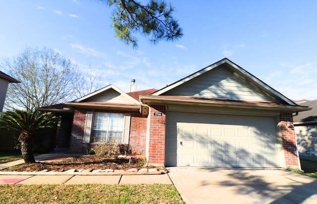 ranch-style house featuring driveway, brick siding, and an attached garage