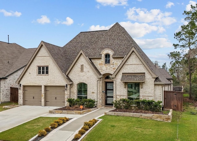 french country inspired facade featuring a garage, concrete driveway, a shingled roof, and brick siding