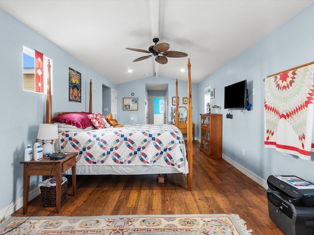 bedroom with baseboards, dark wood finished floors, lofted ceiling with beams, ceiling fan, and recessed lighting