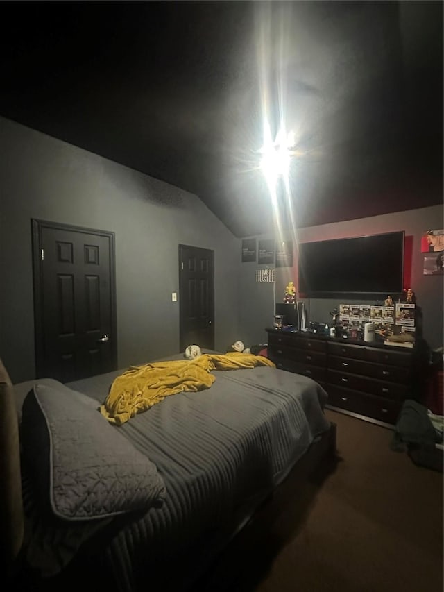 carpeted bedroom with lofted ceiling