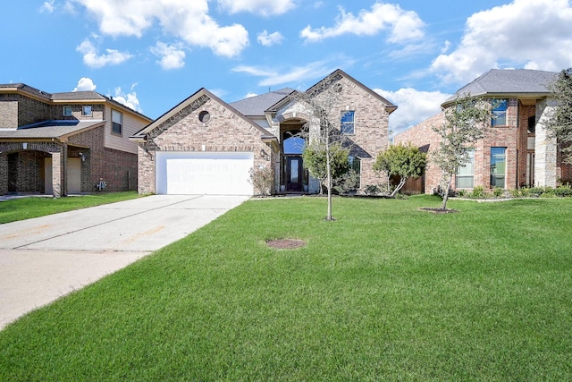 view of front of property featuring a garage, concrete driveway, brick siding, and a front lawn