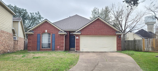 view of front of home with a garage, brick siding, and a front lawn