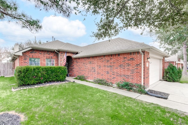 ranch-style home with an attached garage, roof with shingles, a front lawn, and brick siding