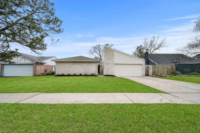 mid-century modern home with an attached garage, brick siding, fence, concrete driveway, and a front lawn