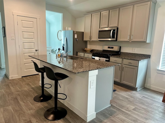 kitchen with a kitchen island with sink, stainless steel appliances, a sink, a kitchen breakfast bar, and gray cabinets