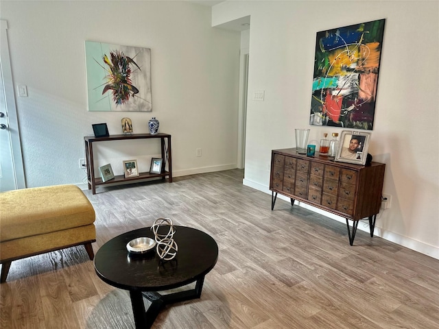 living area featuring baseboards and light wood-style floors