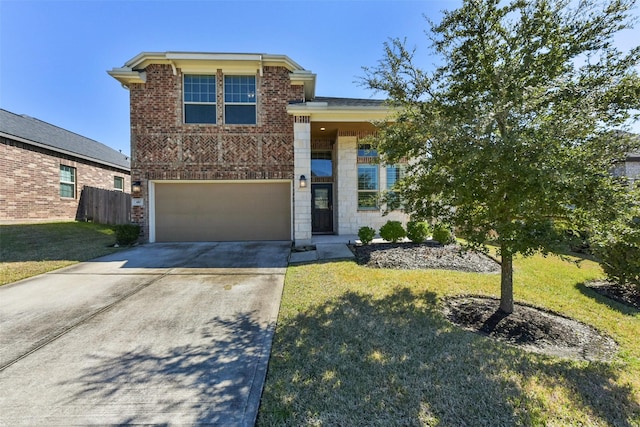 view of front facade with concrete driveway, an attached garage, fence, a front lawn, and brick siding