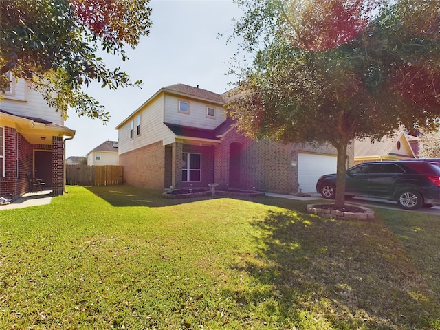 traditional home with an attached garage, brick siding, a front yard, and fence