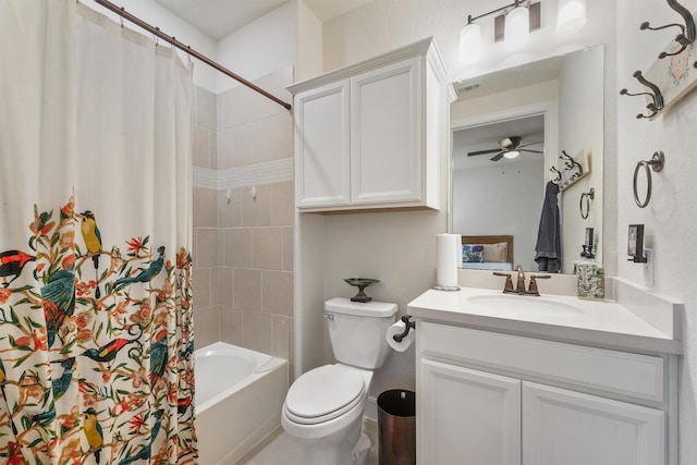 bathroom with ceiling fan, toilet, visible vents, vanity, and shower / bath combo