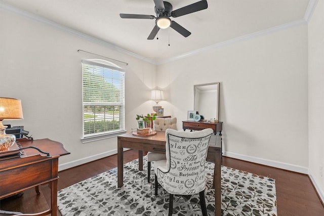 office with dark wood-style floors, ornamental molding, a ceiling fan, and baseboards