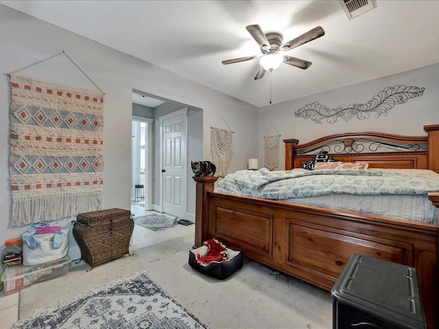 bedroom featuring a ceiling fan and visible vents