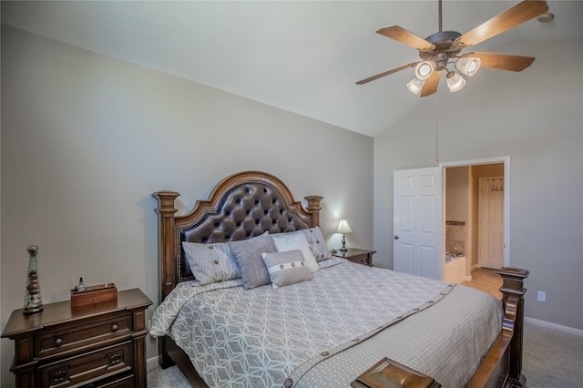 carpeted bedroom featuring baseboards, ceiling fan, and vaulted ceiling