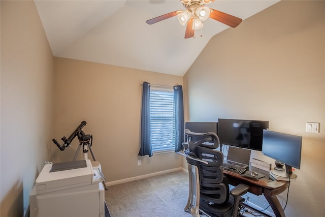 home office featuring baseboards, lofted ceiling, carpet floors, and ceiling fan