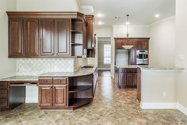 kitchen featuring appliances with stainless steel finishes, light stone countertops, ornamental molding, and open shelves