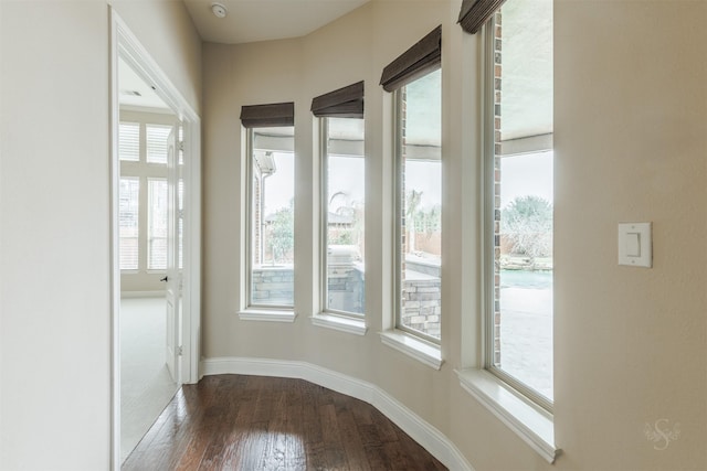 doorway with baseboards and dark wood finished floors