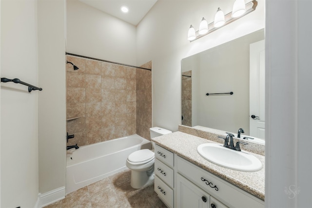 27711 Rocky Creek Ct, Fulshear, TX 77441 - bathroom with tile patterned flooring, toilet, shower / bath combination, and vanity