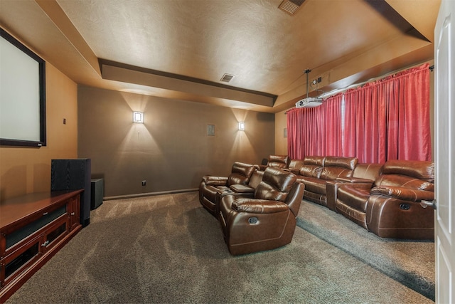 27711 Rocky Creek Ct, Fulshear, TX 77441 - cinema with baseboards, visible vents, a raised ceiling, and carpet