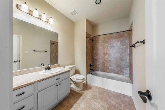 bathroom featuring shower / bathtub combination, visible vents, toilet, vanity, and tile patterned flooring