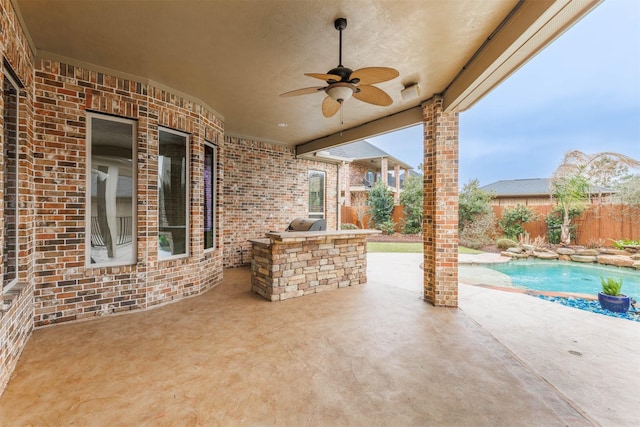 view of patio / terrace featuring ceiling fan, a fenced backyard, and a fenced in pool