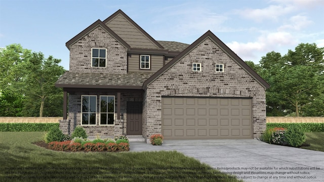 view of front of property with driveway, a front yard, a garage, and brick siding