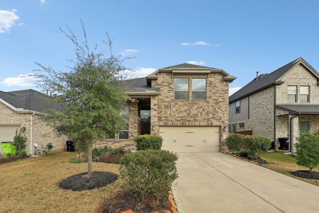 view of front of property with a garage, brick siding, and driveway