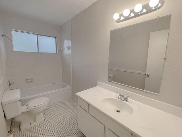 full bathroom featuring toilet, shower / bathtub combination, vanity, and tile patterned floors