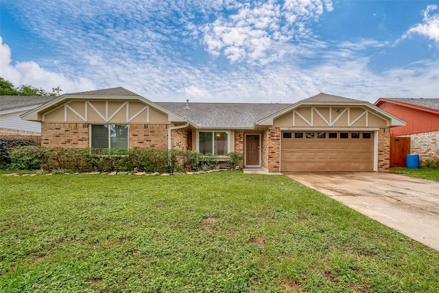 view of front of home featuring brick siding, roof with shingles, concrete driveway, a garage, and a front lawn