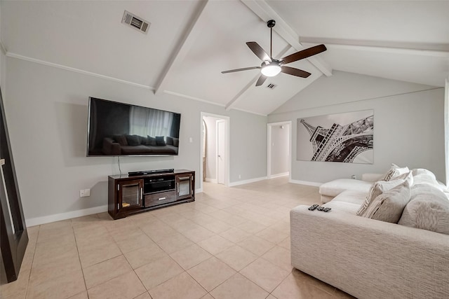 living area featuring vaulted ceiling with beams, light tile patterned floors, visible vents, a ceiling fan, and baseboards